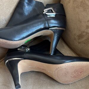 Vince Camuto Black Leather Ankle Heels with Silver Accent